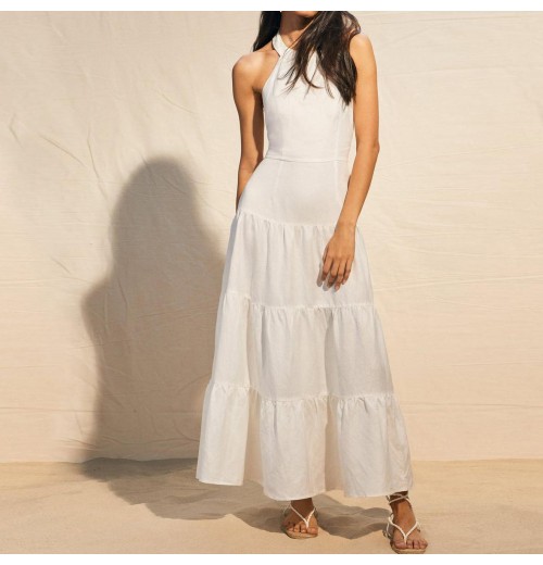 Wholesale casual dress by clothing manufacturers White round neck sleeveless layered hem Summer cotton linen dresses Wholesale casual dress by clothing manufacturers White round neck sleeveless layered hem Summer cotton linen dresses
