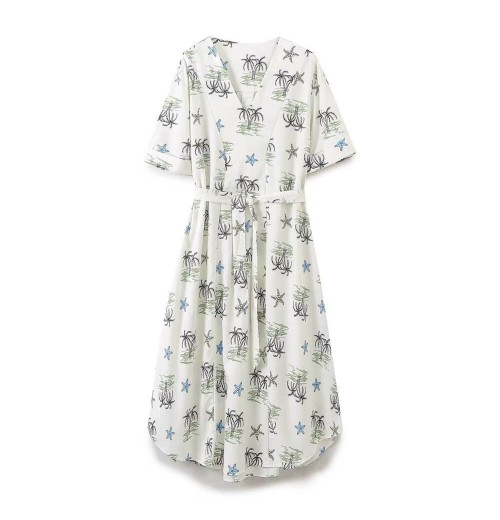 KAR&OT ZA 2024 autumn new women's clothing V-neck curled short sleeves with belt long skirt butterfly print midi dress 5216045 KAR&OT ZA 2024 autumn new women's clothing V-neck curled short sleeves with belt long skirt butterfly print midi dress 5216045
