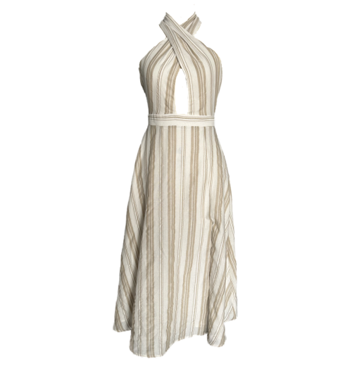 Cross Neck Striped Linen Dress Elastic Released On The Back Maxi Dress Woven Breathable Clothes Cross Neck Striped Linen Dress Elastic Released On The Back Maxi Dress Woven Breathable Clothes