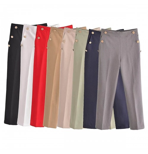 2024 Spring New Button Decoration Solid Color trousers Fashion High Waist Casual pants For women 2024 Spring New Button Decoration Solid Color trousers Fashion High Waist Casual pants For women