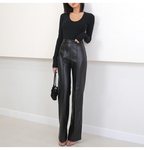 Fashion Straight Leg Pants Casual Loose Women's Trousers Black Genuine Leather Pants Fashion Straight Leg Pants Casual Loose Women's Trousers Black Genuine Leather Pants