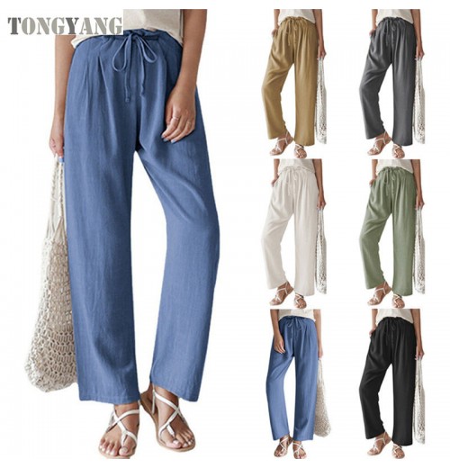 TONGYANG New Women's Wide Leg Palazzo Pants Cotton Linen Drawstring Cropped Pants Trousers Large Loose Cotton Hemp Casual Pants TONGYANG New Women's Wide Leg Palazzo Pants Cotton Linen Drawstring Cropped Pants Trousers Large Loose Cotton Hemp Casual Pants